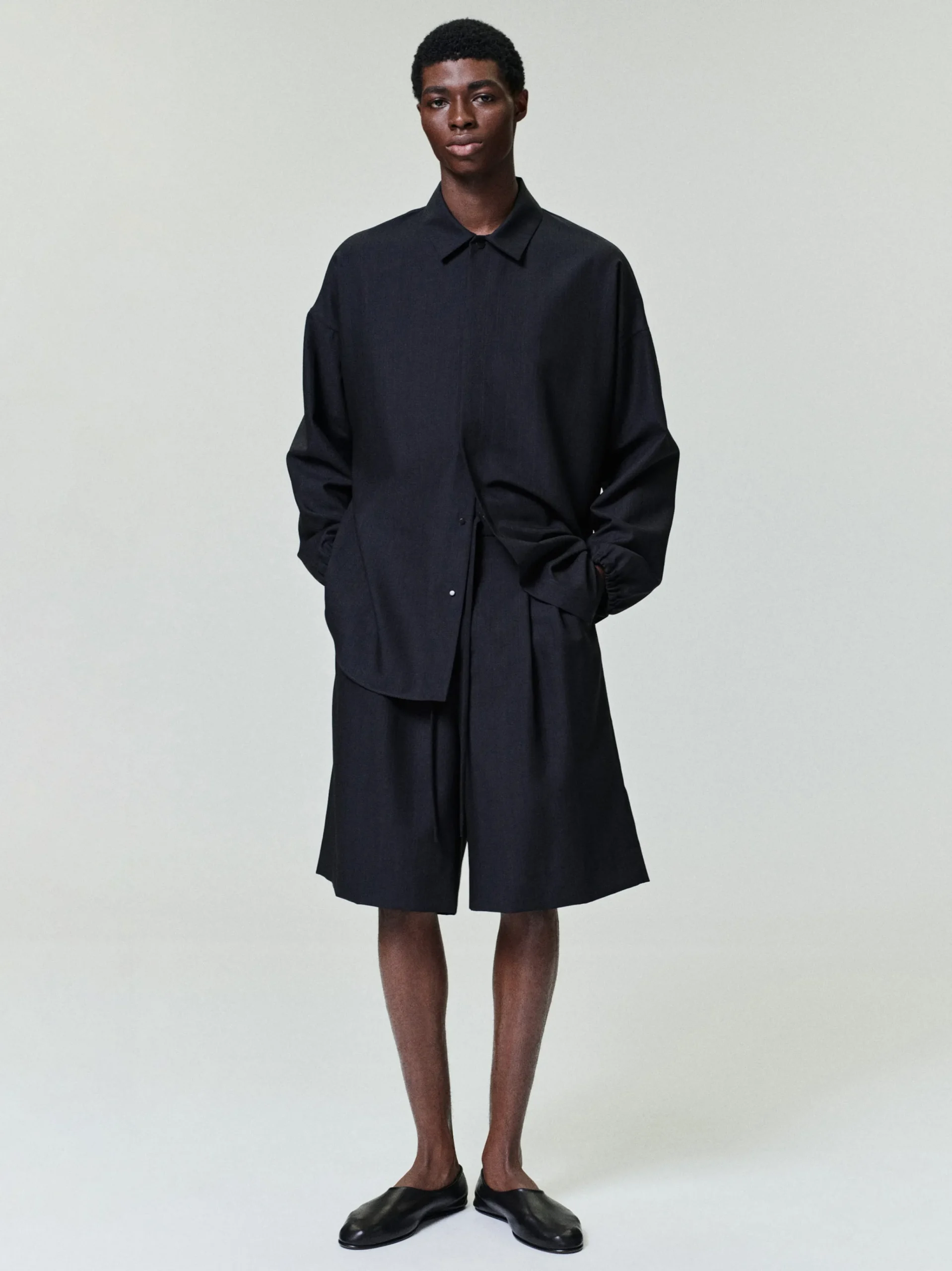Black Striped Wool Elastic Cuff Shirt