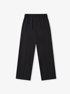 Black Striped Wool Wide Leg Drawstring Pants