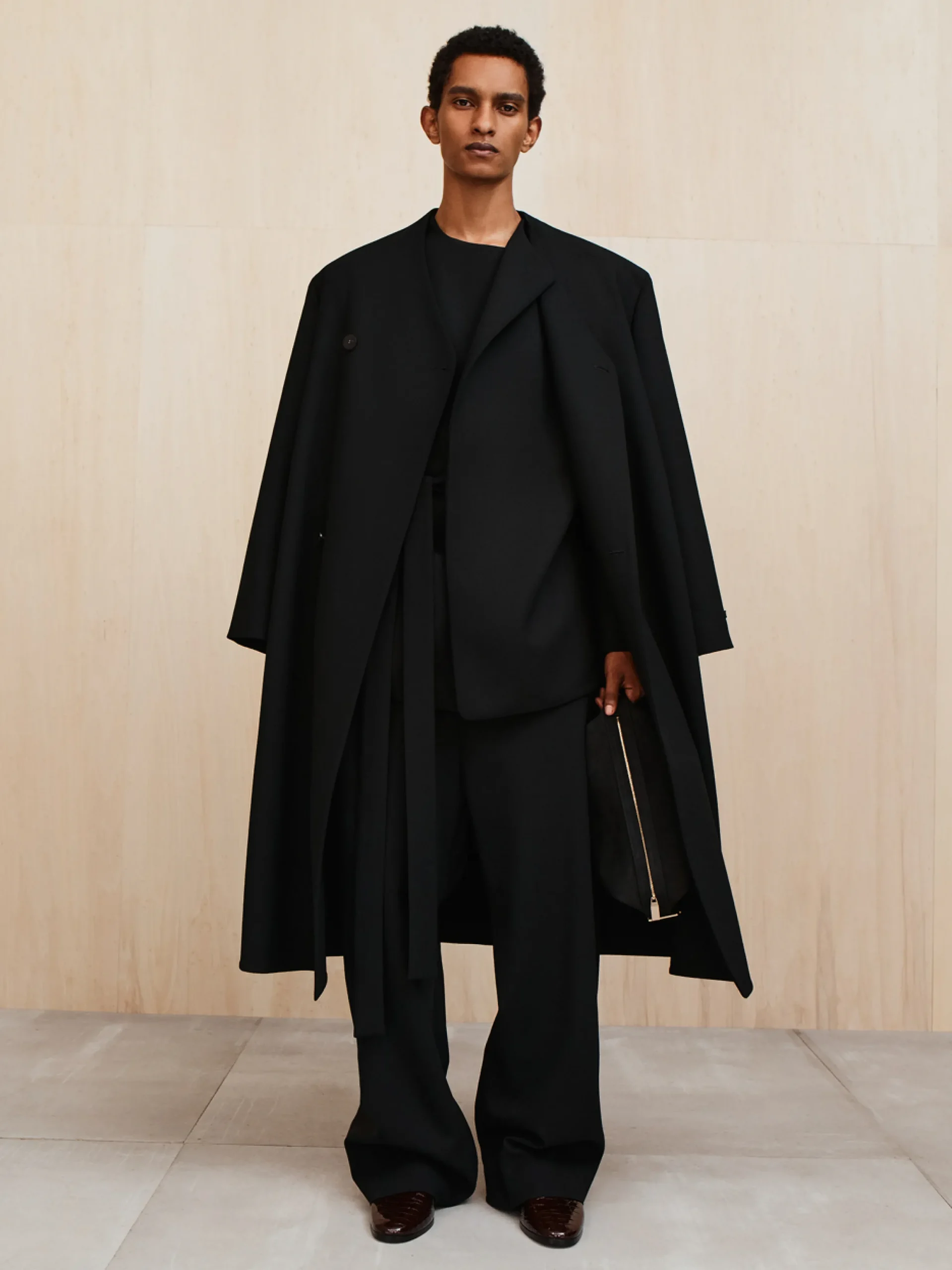 Double Weave Wool Double Breasted Lapelless Coat