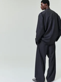 Grey Striped Wool Collarless Sport Jacket