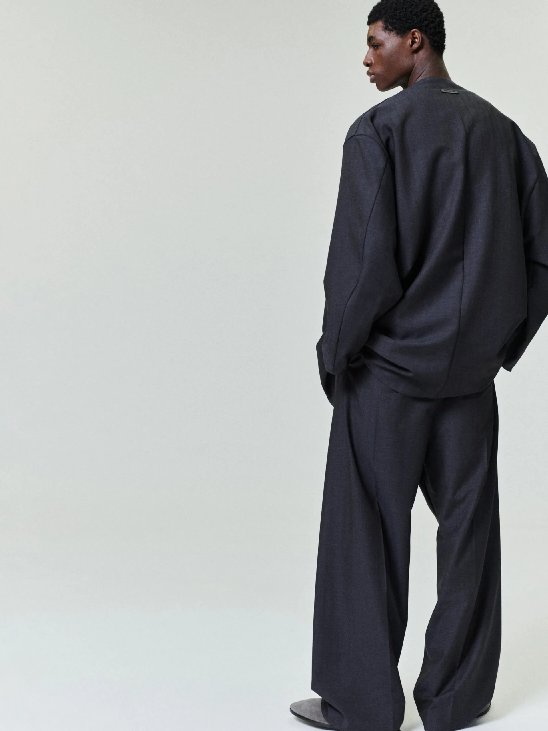 Grey Striped Wool Collarless Sport Jacket