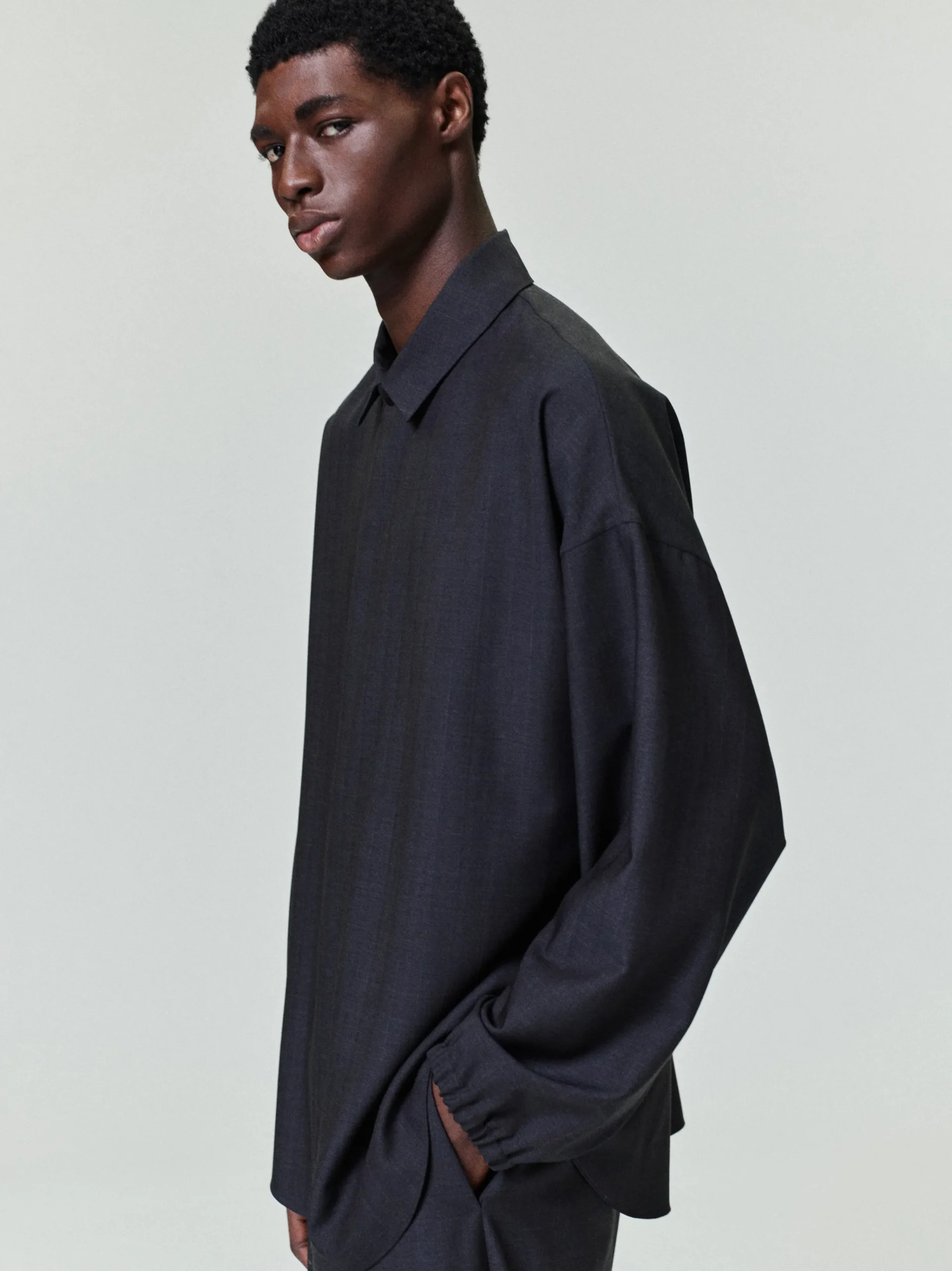 Grey Striped Wool Elastic Cuff Shirt