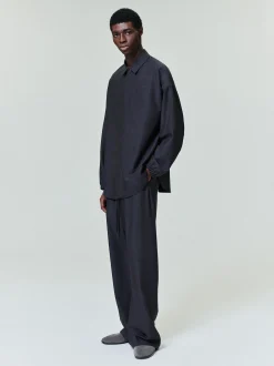 Grey Striped Wool Wide Leg Drawstring Pants
