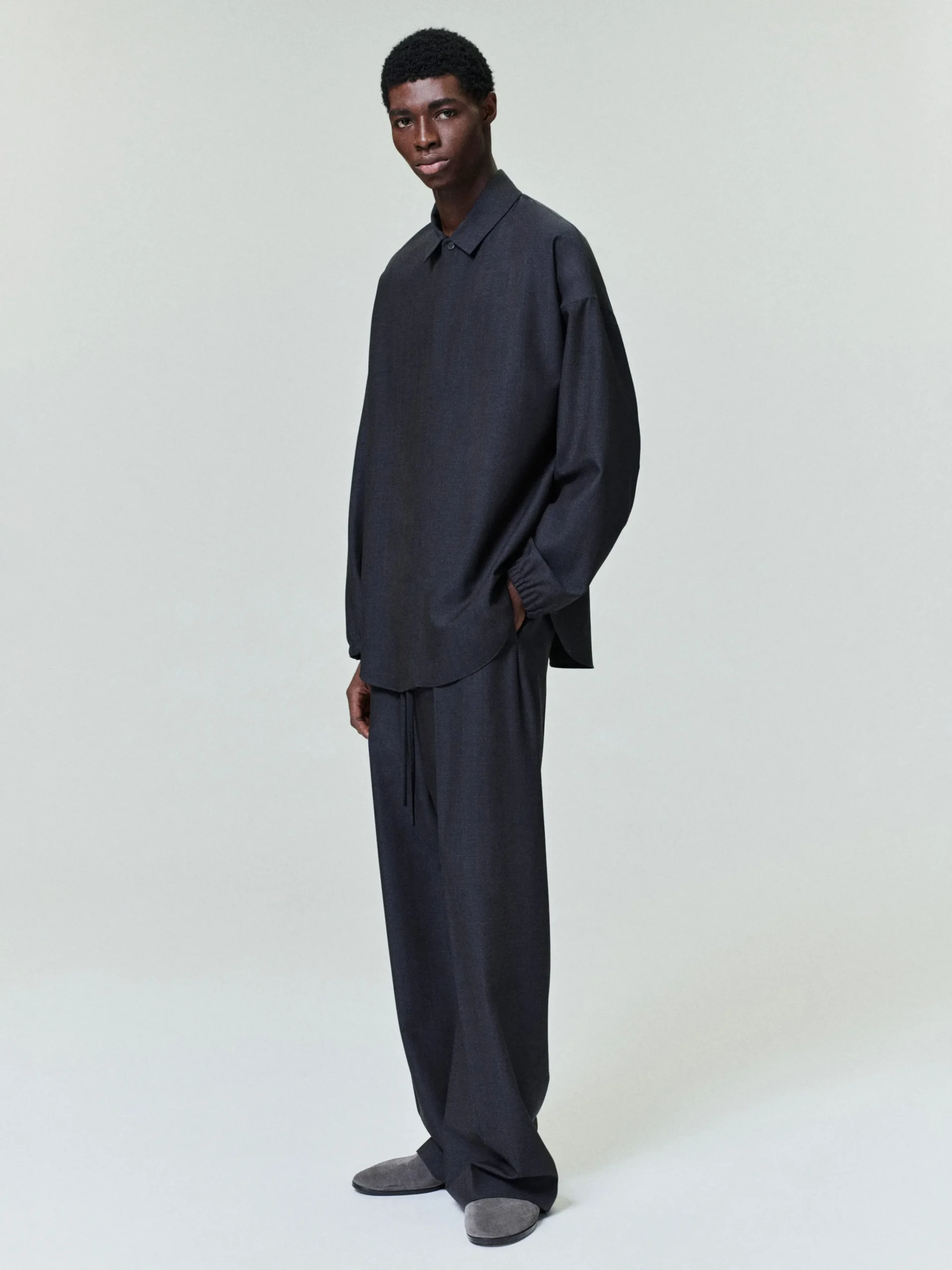 Grey Striped Wool Wide Leg Drawstring Pants
