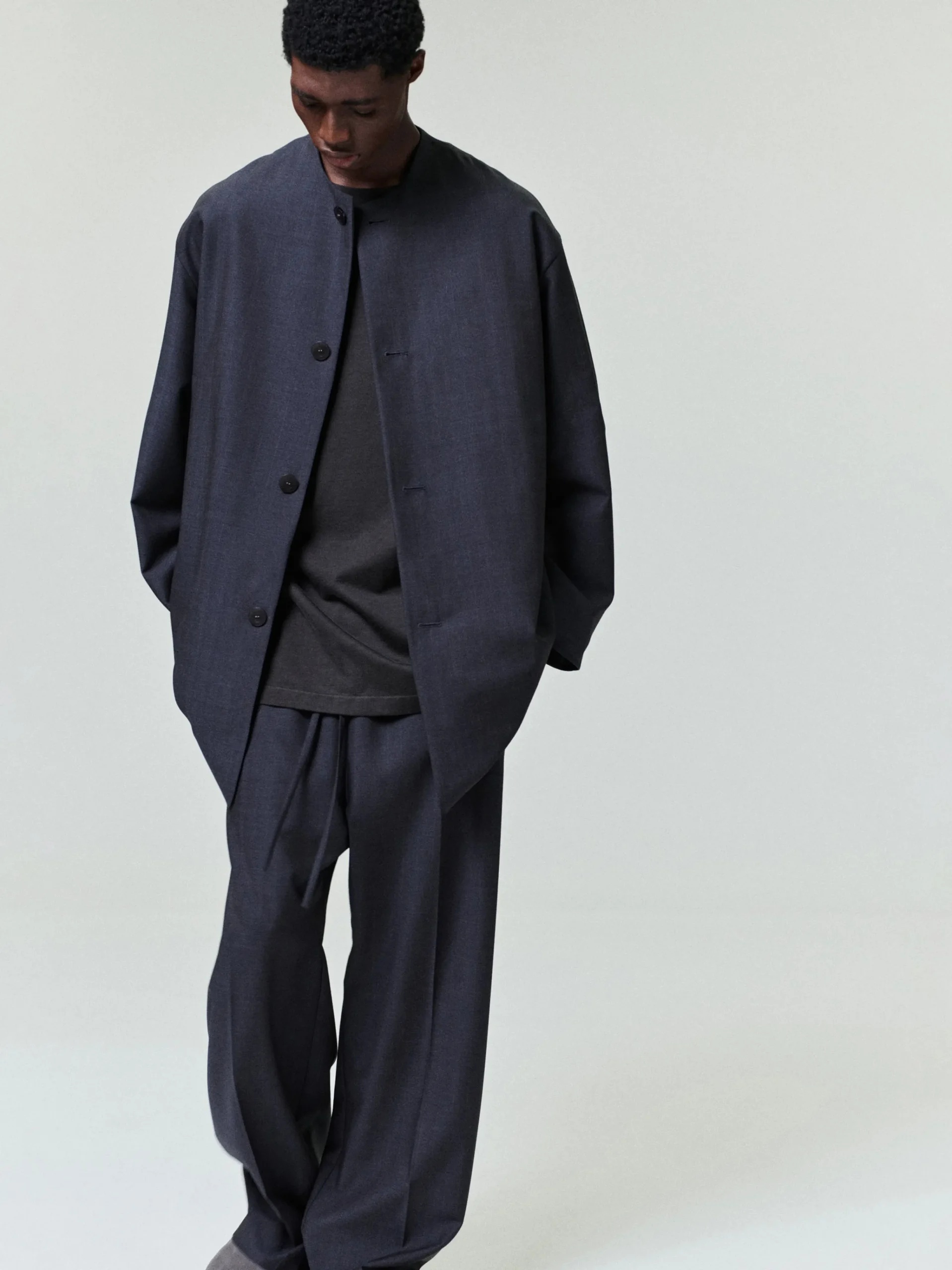 Grey Striped Wool Wide Leg Drawstring Pants