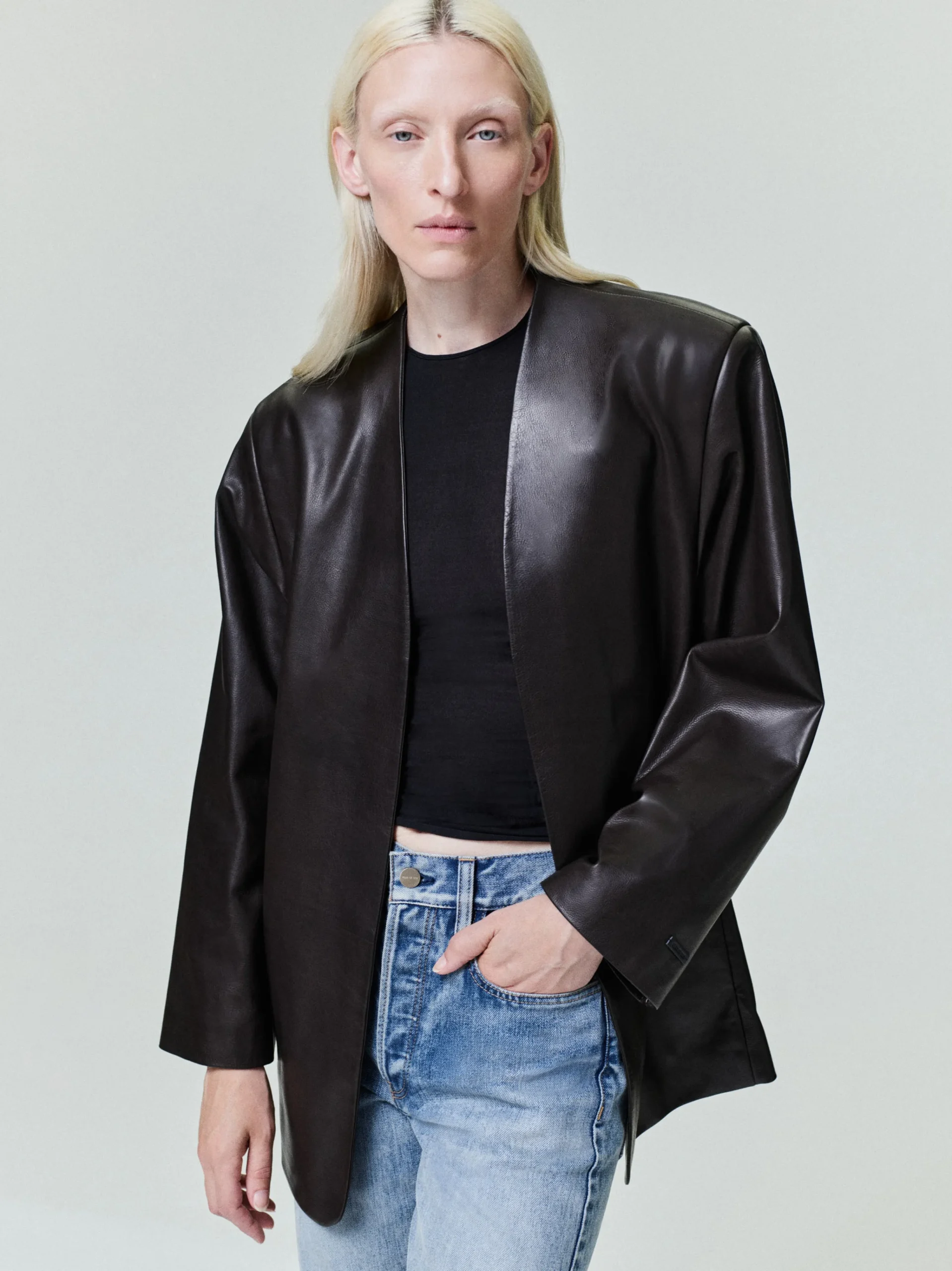 Womens Leather Collarless Jacket