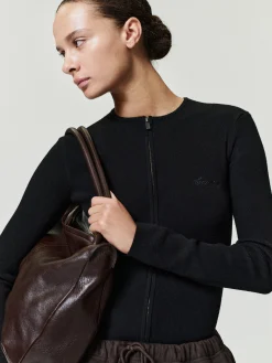 Womens Signature Rib Knit Fitted Long Sleeve Zip Up Tee