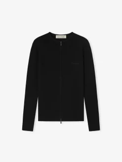 Womens Signature Rib Knit Fitted Long Sleeve Zip Up Tee